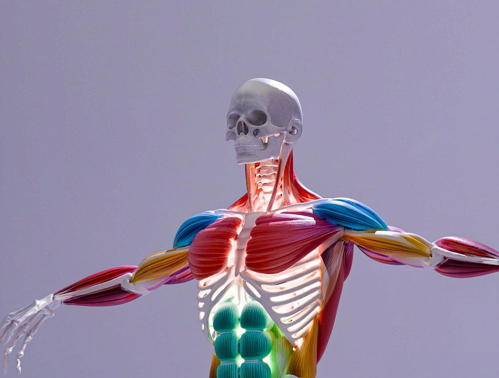 Colourful anatomical model of a human body showing exposed muscles, ribs, spine and skull against a plain background.